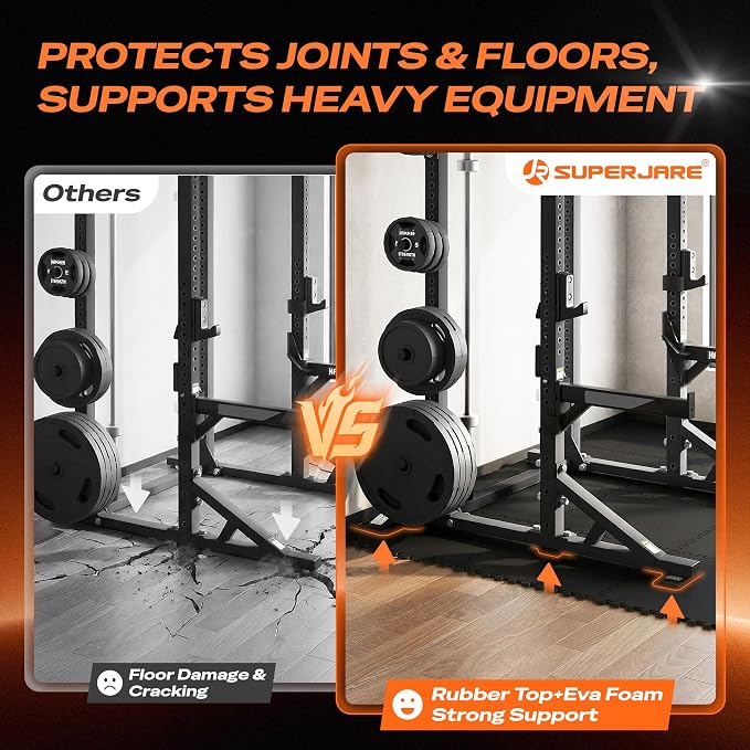 SUPERJARE 0.56'' Thick 48 Pcs 192 Sq Ft Rubber Top Exercise Equipment Mats, High Density EVA Foam Mats with Rubber Top, Interlocking Gym Flooring for Home Gym, Protective Workout Mat, Black