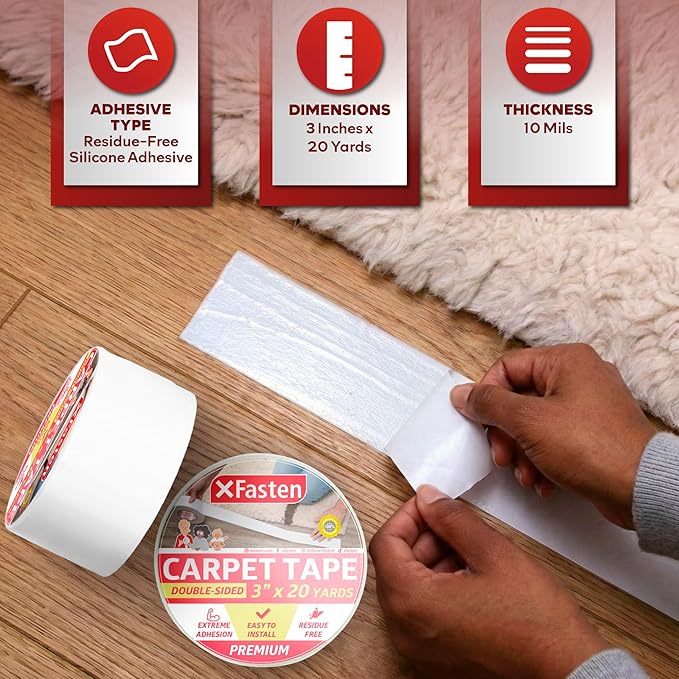 XFasten Double Sided Carpet Tape for Area Rugs, 3 Inch x 20 Yards – Heavy Duty Anti Slip Rug Grip Tape, Works as Rug Gripper, Residue Free, Wood Safe, Easy Removal for Hardwood and Laminate Floor