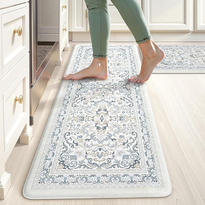 KIMODE Kitchen Floor Mats Cushioned Anti Fatigue,Boho Vintage Floral Rugs Sets of 2,Ergonomic Memory Foam Carpet Non Slip, Comfort Runner for Sink Laundry Office,Light Blue 17"x29.5"+17" x47”