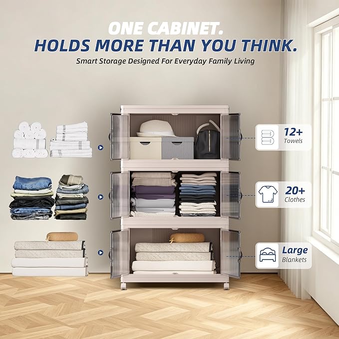 SAILUN 381Qt Extra Large Stackable Storage Bins Folding Collapsible Storage Bins with a Lid, Closet Organizers and Storage Blush White 28" W x 17" D x 46" H