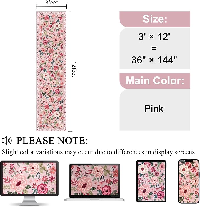 DUKINO 3x12 Washable Runner Rug, Non Slip Soft Floral Hallway Runner Rug with Non Shedding Design, Low Pile Long Floor Carpet for Kitchen, Hallway, Bathroom, Entryway, Laundry, Pink