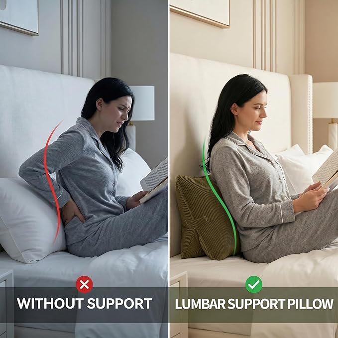 Pat. Pend. Corduroy Triangle Back Pillow with Lumbar Support, Sitting Support Cushion for Bed or Sofa, Relaxing Backrest Pillow, Martini Olive