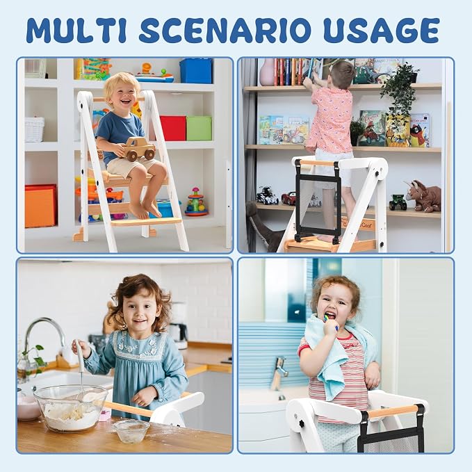 Foldable Toddler Tower, Toddler Kitchen Stool Helper with Safety Net, Wooden Kitchen Step Stool for Toddlers with Adjustable Height, Standing Tower for Learning and Cooking(White)