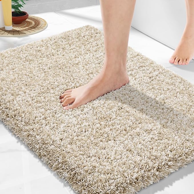 Yimobra Bathroom Rugs Non Slip Washable, Ultra Soft and Water Absorbent Bath Mats, Plush Fluffy Shower Mat Outside, Microfiber Thick Matts for Bathroom Floor/Sink, 24X17, Light Beige and White