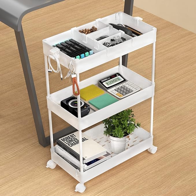 SPACELEAD 3 Tier Rolling Cart with Wheels, Storage Craft Art Trolley Organizer Serving, 3 Hanging Baskets Easy Assembly, for Office, Bathroom，Living Room, Kitchen, White