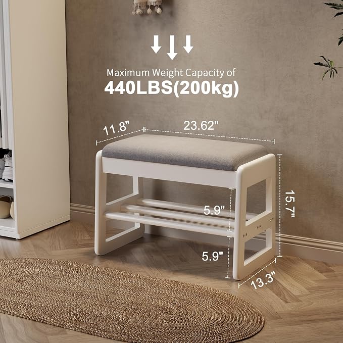 AQIMUELE Shoe Rack Bench,2 Tiers Shoe Bench with Storage with Flip-Top,Wood Shoe Rack for Entryway,Hallway（White Upholstered Seat,11.8" D x 23.62" W x 15.7" H）
