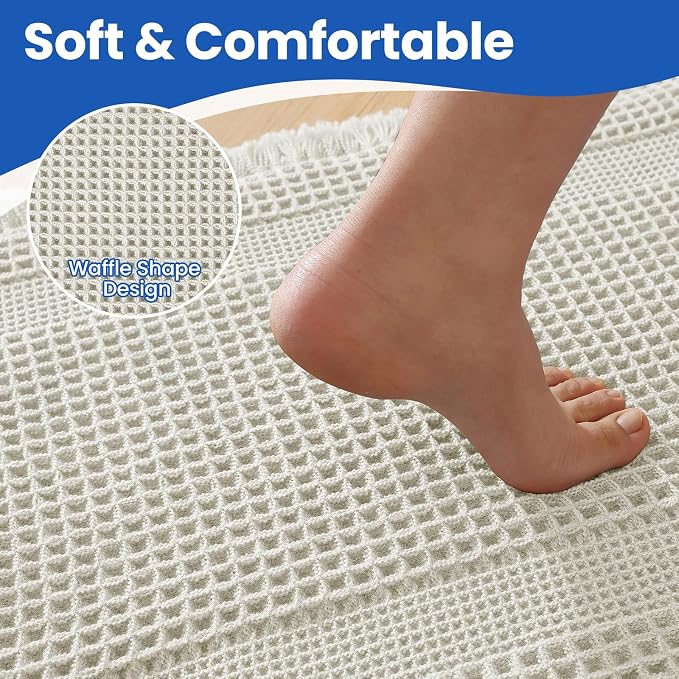Waffle Bath Mat - Non Slip Bathroom Rugs - Washable Super Absorbent & Quick Dry Bath Mats with Tassels for Hallway Bedroom Laundry Room,17" x 24",Beige White