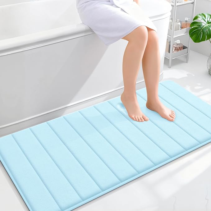 OLANLY Memory Foam Long Bathroom Rugs Runner 47x24, Super Soft Absorbent Bath Mat, Quick Dry, Machine Washable Shower Floor Rugs, Bathmat Carpet, Bathroom Home Decor Accessories, Sky Blue
