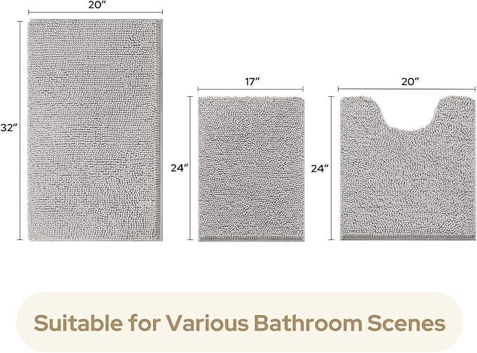 HOMEIDEAS 3 Pieces Bathroom Rugs, Ultra Soft Non Slip Absorbent Chenille Toilet Bath Mat Set (Light Grey)