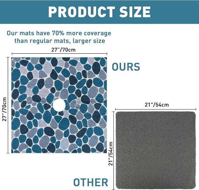 Square Shower Mat Non Slip: 27 x 27 Inch Large Shower Mats with Drain Hole in Middle - PVC Loofah Anti Slip Shower Floor Matt for Inside Shower