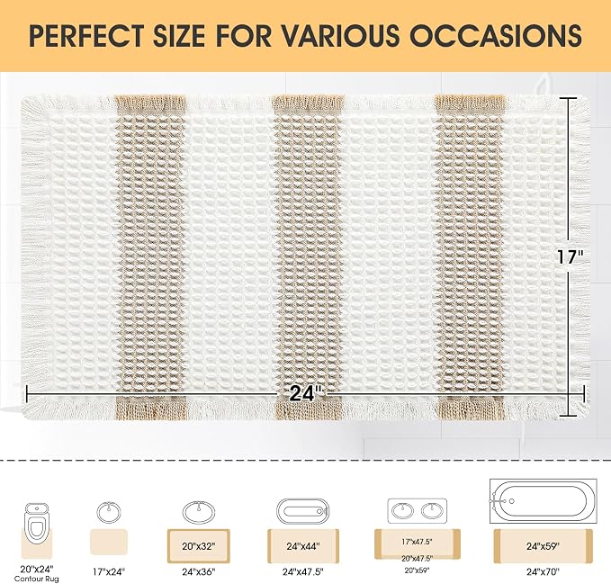 Upgrade Waffle Bath Mat, Boho Bathroom Rugs Absorbent Non Slip, Ultra Soft Bathroom Mat, Machine Washable Knit Bath Rugs with Stripe for Bathroom, Bedroom, Kitchen, Shower,Tub, 24"x17", Beige & White