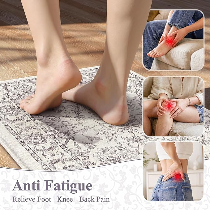 KIMODE Comfort Kitchen Floor Mats Cushioned Anti Fatigue,Boho Vintage Floral Kitchen Rugs Sets of 2,Ergonomic Memory Foam Carpet Non Slip for Sink Laundry Office,Purple Grey 17"x29.5"+17" x47”