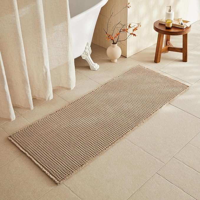 TYUU Waffle Runner Rug Bathroom, Long Boho Bathroom Rugs Non Slip Washable Super Absorbent Quick Dry Farmhouse Bath Decor, 60"x24" Beige
