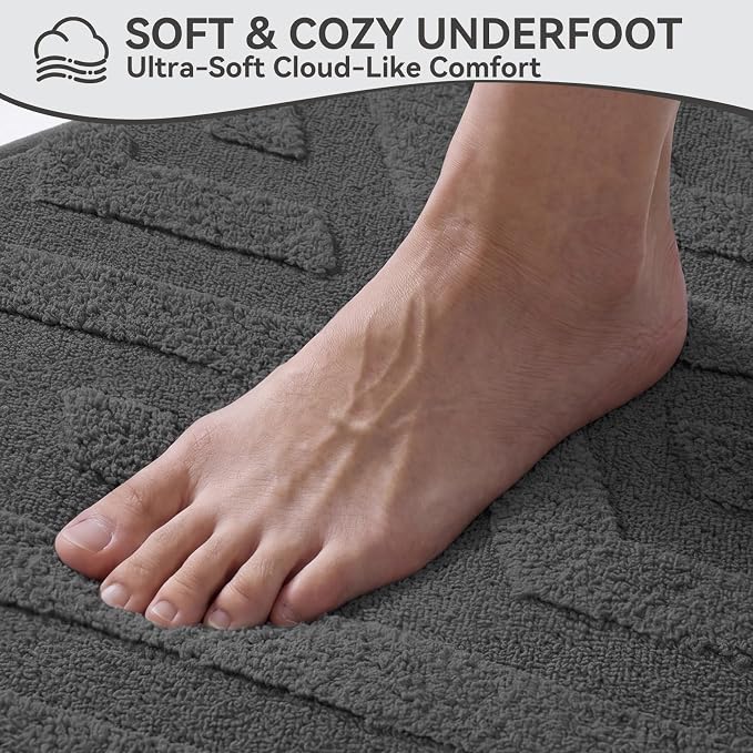 Non-Slip Bath Mat 16x24-2pc with Rubber Backing, Washable Thin Bath Mats for Bathroom Floor, Absorbent Bathroom Rugs, Quick Dry, Fits Under Door Grey