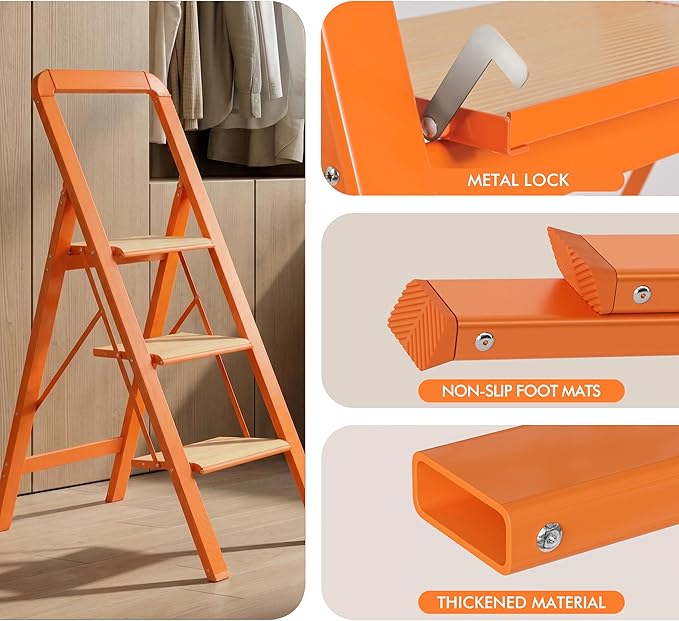 Step Stool 3 Step Ladder Lightweight Folding Step Stool Ladders for Home with Wide Anti-Slip Pedal Blanket Ladder Shelf for Ktichen, Office,Living Room