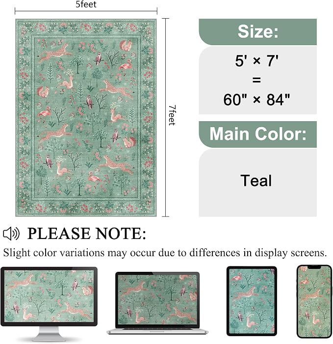 DUKINO 5x7 Rug, Washable Animal Living Room Rug with Non Slip Vintage Design, Soft Low Pile Large Carpet for Bedroom, Nursery, Dining Room, Farmhouse, Playroom, Teal