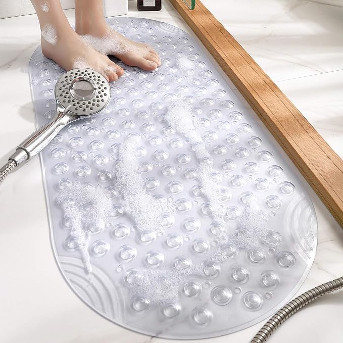 DEXI Bathtub Mat Non Slip 16x35, Shower Floor Mats for Bathroom Bath Tub, Washable Oval Bathmat with Suction Cups and Drain Holes, Clear