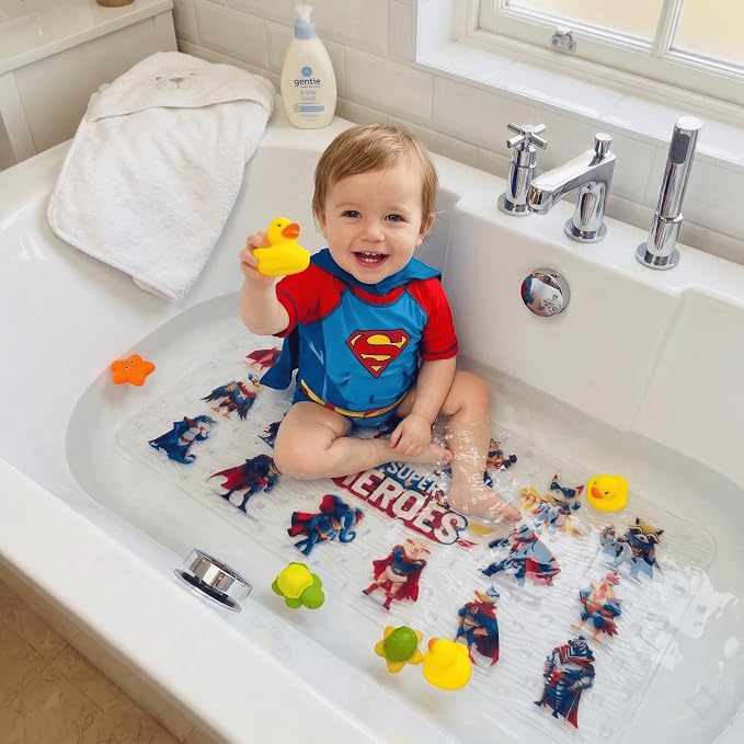 BEEHOMEE Bath Mats for Tub Kids,Baby Toddler - Large Cartoon Non-Slip Bathroom Bathtub Anti-Slip Shower Mats for Floor 35x15,Machine Washable XL Size Bathroom Mats (Super Heroes)