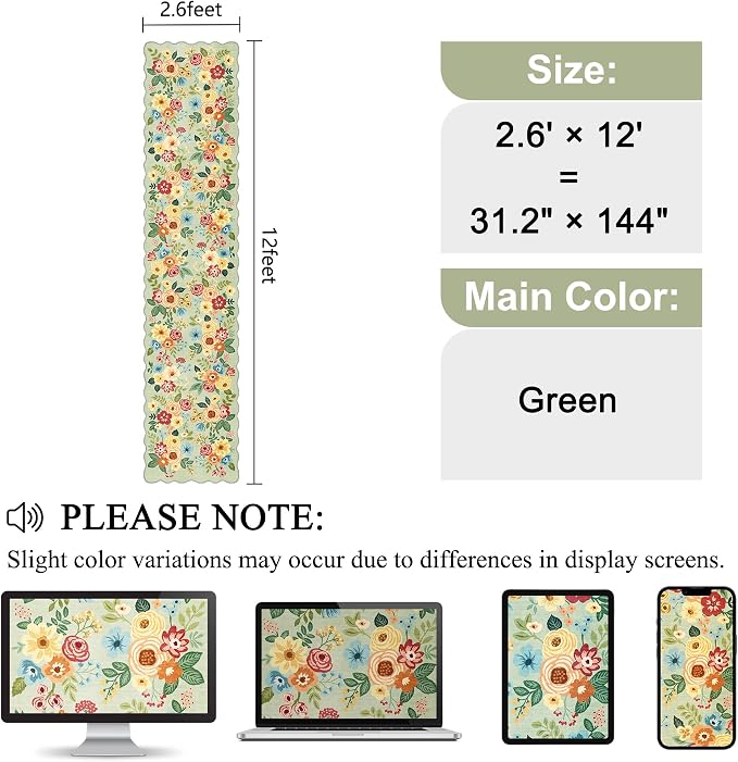 DUKINO Washable 2.6x12 Runner Rug for Hallway, Non Slip Floral Washable Kitchen Rug with Low Pile Design, Boho Stain Resistant Floor Carpet Runner for Entryway, Bathroom, Laundry, Bedroom, Green