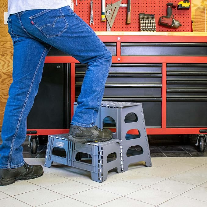 Bee Neat Folding 2 Step Stool for Adults - Collapsible & Foldable Step Ladder for Office, Garage, Closet, Bathroom - Non-Slip & Wide Stepping Stool Supports 300lbs - Industrial - Gray