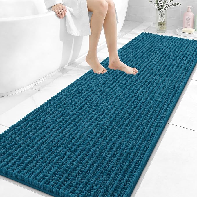OLANLY Long Bathroom Rugs Runner 70x24, Thick Soft and Absorbent Chenille Bath Mat, Non-Slip, Machine Washable Quick Dry Bath Rugs for Tub Shower Floor, Home Decor Accessories, Peacock Blue