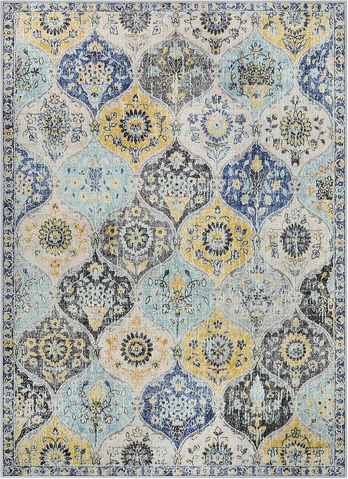 Lahome Moroccan Trellis Washable Area Rugs 5x7, 5x7 Area Rugs for Living Room Bedroom, Indoor Non-Slip Large Oriental Throw Carpet for Kitchen Entryway Bathroom Office Elise, Yellow/Aqua