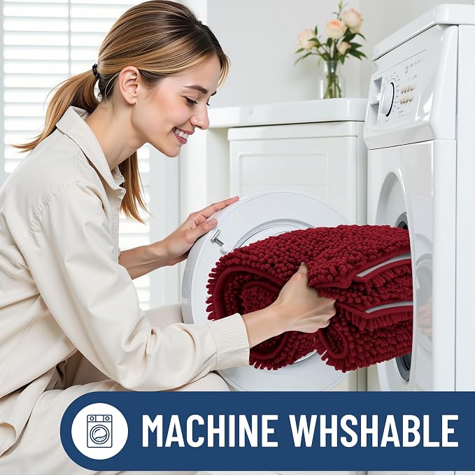 Smiry Bathroom Rugs Sets 2 Piece, Soft Absorbent Chenille Machine Washable Non Slip Shaggy Bath Rug Set for Tub, Shower, and Floor (30x20+24x16, Red)