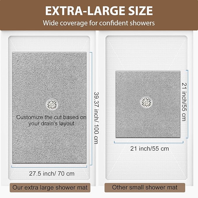 Shower Mat Non Slip: 39.4 x 27.5 Inch Extra Large Shower Mats for Inside Shower with Drain Hole - Soft PVC Loofah Anti Slip Shower Stall Mat for Walk-in Shower and Bathroom, Quick Drying