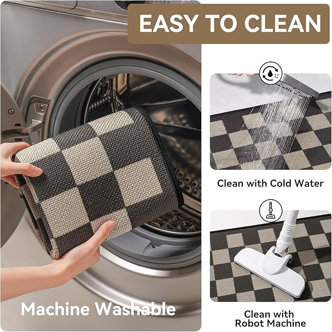 YDKGL Kitchen Rugs Non Slip Washable Kitchen Mats for Floor, Super Absorbent Oil and Water Linen-Look Woven Runner Rug, Kitchen Sink Mat Standing Mat, Brown 17"x47"
