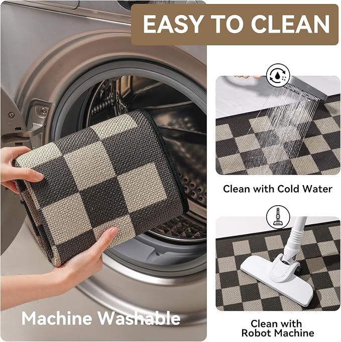 YDKGL Kitchen Mats for Floor, Super Absorbent Kitchen Rugs Non Slip Washable, Linen-Look Woven Cushion Kitchen Runner Rug, Kitchen Sink Standing Mat, Black Beige Checkered 17"x30"