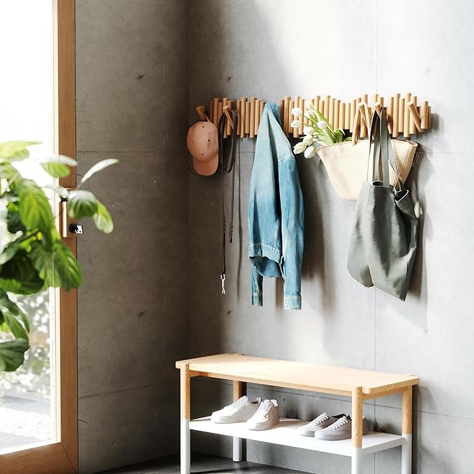 Umbra Picket Wall-Mounted Coat Rack Rail Hook with 5 Retractable Wood Pegs – Modern, Space-Saving Storage Organizer, Natural (Pack of 3)