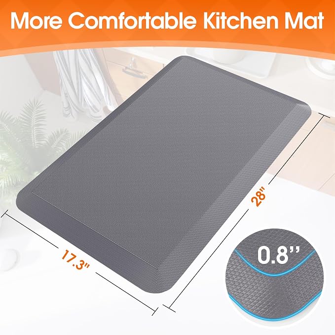 4/5 Inch Thicker Kitchen Mat, Cushioned Thick Floor Comfort Mat, with Non-Slip Bottom, Water & Stain Resistant, Easy Clean Standing Desk Mat for Kitchen, Sink, Office (17.3"x28"x0.8", Grey)