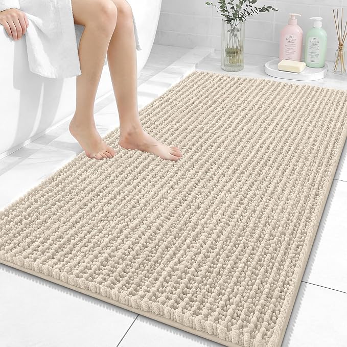 OLANLY Bathroom Rug Mat 44x32, Thick Soft and Absorbent Chenille Bath Mat, Non-Slip Rubber Backing, Machine Washable Quick Dry Bath Rugs for Tub Shower Floor, Home Decor Accessories, Sand