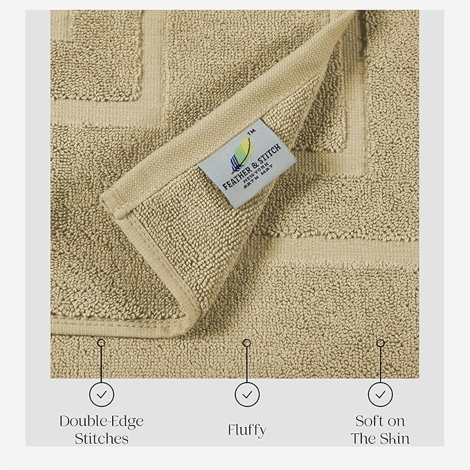 Feather & Stitch 2 Piece Towel Like Bath Mats (30x21 Inch) 100% Cotton Terry Bath Mats, Bathroom Shower Floor Mats [NOT A Bathroom Rug], Soft Absorbent Washable Mats - Linen