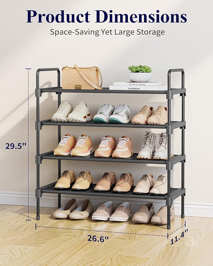 Kitsure Shoe Rack for Closet, Shoe Organizer for Front Door Entrance, Stackable Shoe Shelf, Detachable Closet Organizers and Storage, 26.6" Wide - 4 Tiers, Black