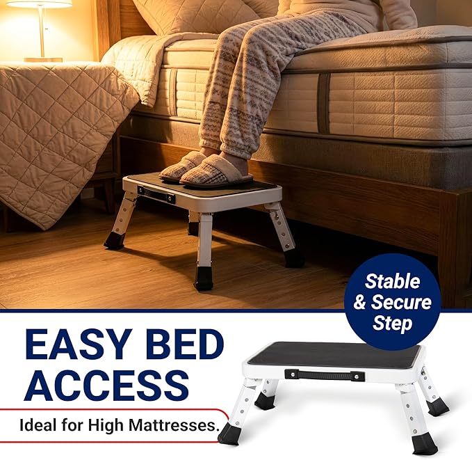 Arrigo Folding Step Stool with 3 Adjustable Heights – 330lb Capacity, Wide Anti-Slip Treads – Compact, Portable & Collapsible – Foldable Bed Stairs, Kitchen Ladder & Foot Stool for Adults