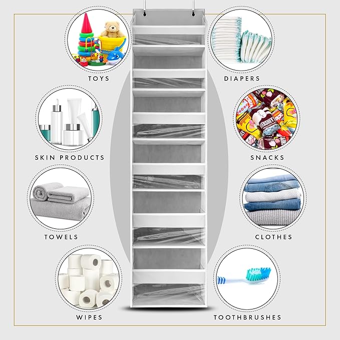 HOMELUX THEORY UPGRADED 6 Tiers Over The Door Organizer Hanging - 100D EXTRA THICK & 50lbs HUGE CAPACITY, 12 Side Mesh Pockets Over The Door Shoe Organizer, Hanging Closet Organizer (Transparent, 1pc)