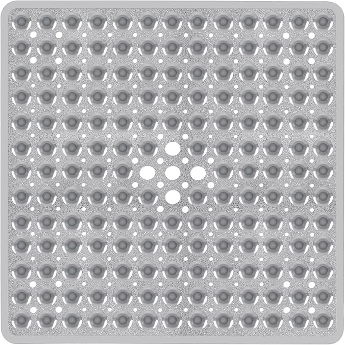 Square Shower Bathtub Mat Non Slip for Inside Shower Clear Grey 21x21 Inch, Shower Stall Mats for Bathroom Floor, Soft Bath Mat for Tub with Big Suction Cups Drain Holes, Easy Washable Dry