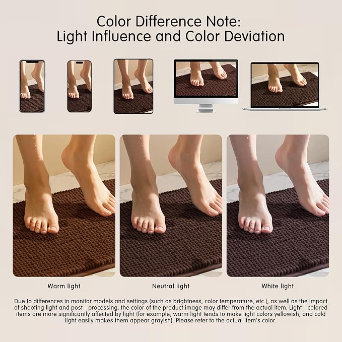 SUBRTEX Bathroom Rugs, 20" x 32" Chenille Bath Rug Soft Short Plush Bath Mat Soft Shower Mat Water Absorbent Shower Mat Quick Dry Machine Washable, Chocolate