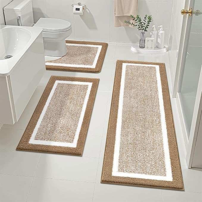 Pauwer Bathroom Rugs Sets 3 Piece Bathroom Shower Rugs with U-Shaped Contour Toilet Mat Absorbent Microfiber Plush Non Slip Bath Mats Machine Washable Shaggy Bath Floor Mat, Khaki