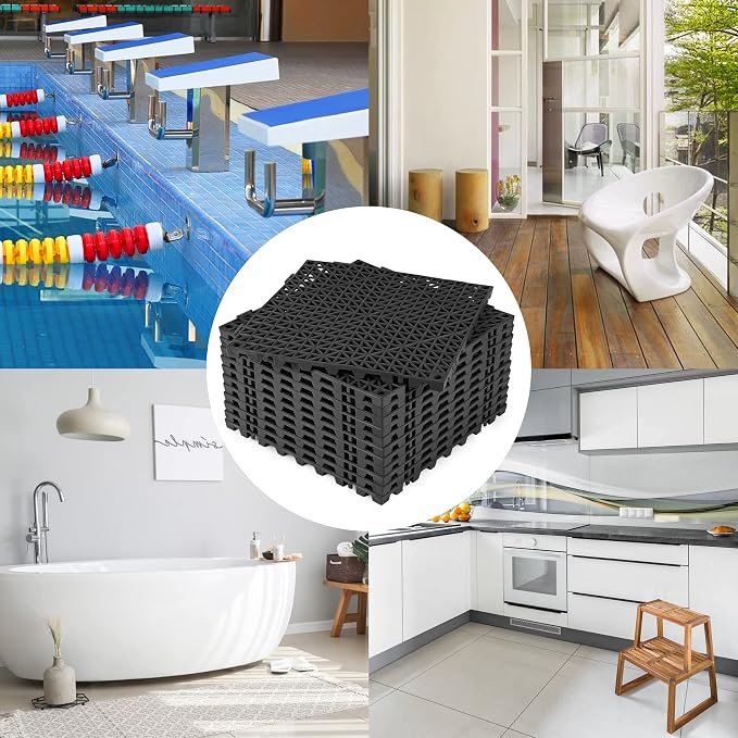 ToLanbbt Modular Interlocking Cushion 12P 11.8" x 11.8" Interlocking Rubber Floor Drain Holes Non-Slip Splicing Drainage Mats for Deck, Shower, Kitchen, Drain Pool, Sauna Bath, Indoor Outdoor (Black)