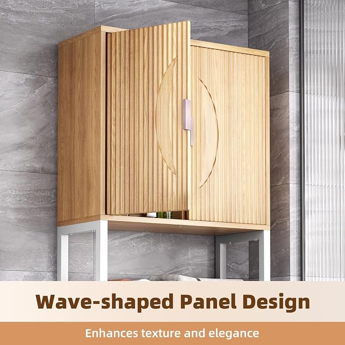 Kalrin Over The Toilet Storage Cabinet with Fluted Wave Doors and Adjustable Shelf, Wood Over Toilet Storage Rack with Drain Basket, Freestanding Bathroom Organizer for Balcony Laundry, Wood & White