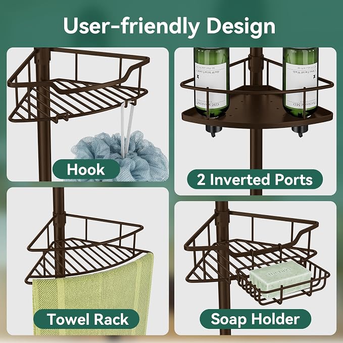 Corner Shower Caddy Tension Pole, 4 Tier Rustproof Shower Tension Rod Organizer, Adjustable 25-125 Inch Bathroom Shower Organizer Shelves for Bathtub Shampoo Storage, Brown
