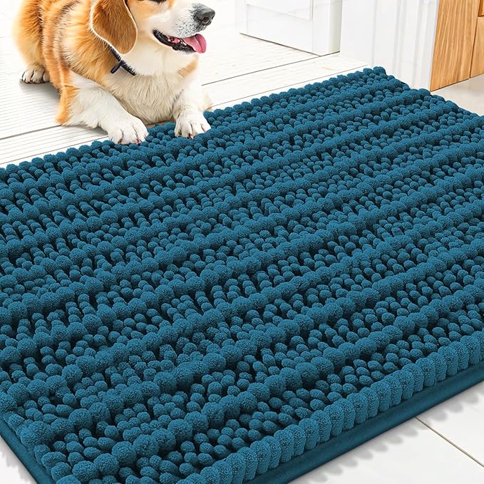 Smiry Dog Door Mat for Muddy Paws 30x20, Absorbent Dirt Trapper, Non-Slip Washable Chenille Entryway Rug for Inside Floor, Atlantic Blue, Layered Pattern