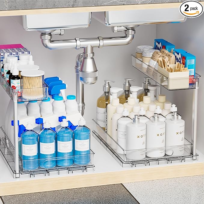 Yieach 2 Pack 14.6″ Deep Pull Out Under Sink Organizer,10.8″ High 2 Tier Slide Out Cabinet Organizer for Kitchen Cabinet,Undersink Organizers,Under Sink Shelves,Bathroom Organizers and Storage,Clear