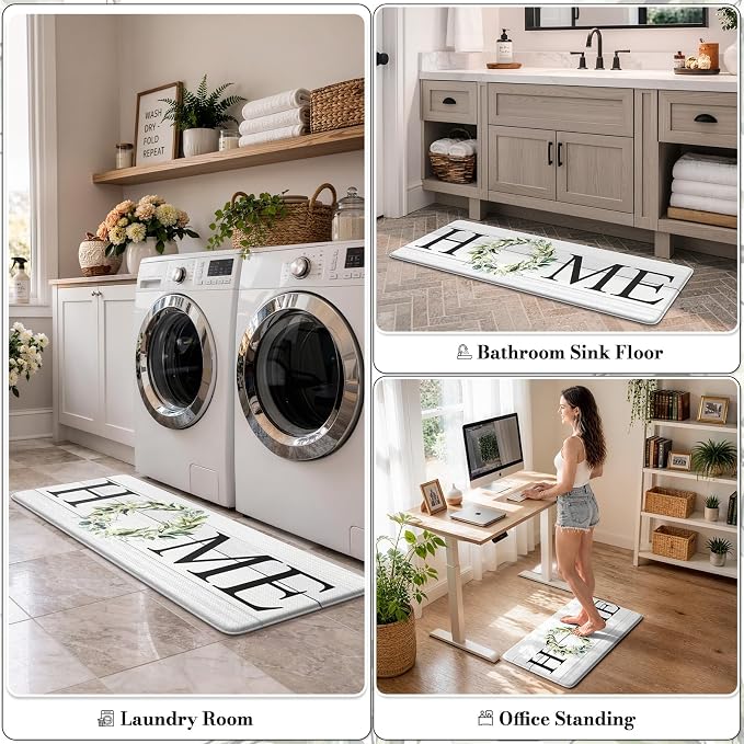 KIMODE Farmhouse Kitchen Mat 2PCS Anti Fatigue Kitchen Rugs Non-Skid Waterproof Kitchen Floor Mat Cushioned Comfort Standing Mat for Office,Laundry,Sink,Home