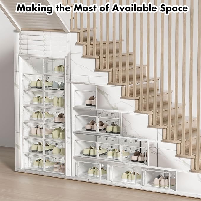 Foluck Shoe Storage Box, 15 Pack Clear Plastic Stackable Organizer for Closet, Interlocking Design Shoes Container Bins for Sneakers, Foldable Shoe Rack with Lids, White