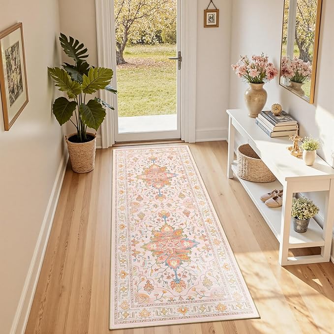 RELEANY Area Rugs Runner 2'x5' Washable Non-Slip, Floral Vintage Distress Medallion Carpet for Kitchen Hallway Bedroom Beside Laundry Room Bathroom, Light Pink Colorful