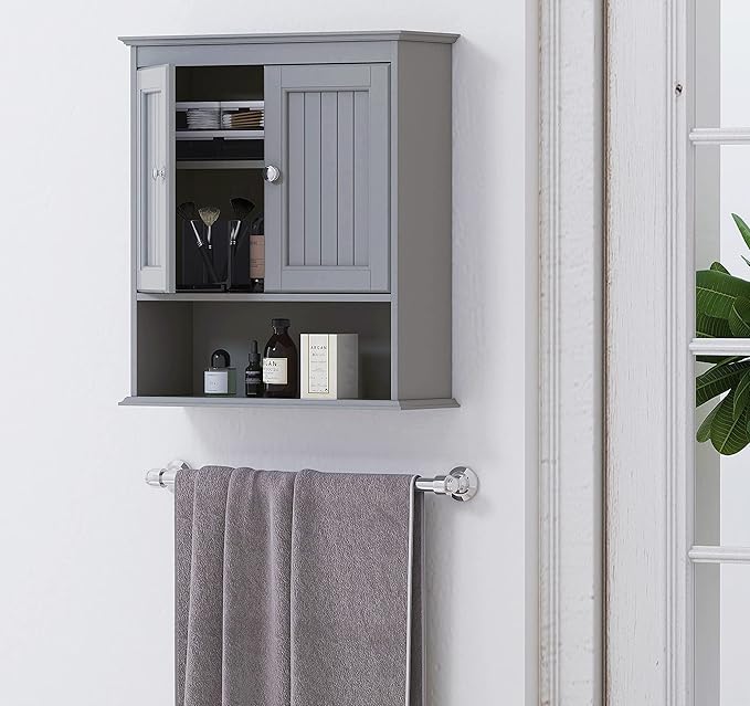 Spirich Bathroom Wall Cabinet, Wall Mounted Medicine Cabinet Organizer, Over The Toilet Storage Cabinet with Doors and Shelves, Gray