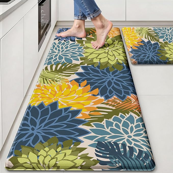 Arenarug Kitchen Mats for Floor 2PCS Cushioned Anti Fatigue Kitchen Mats Waterproof Non Slip Kitchen Mat Rug Set Comfort Foam Standing Mat for Sink, Laundry, Office, 24"x39"+24"x59", Yellow Green